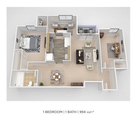 Floor plan for 1 bed, 1 bath, 1028 sqft