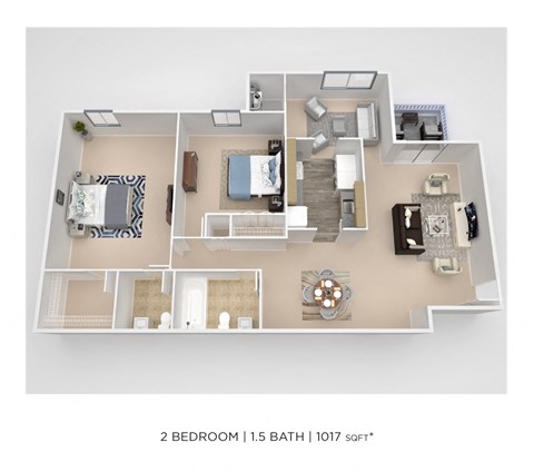 Floor plan for 2 beds, 1.5 baths, 1145 sqft