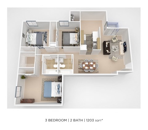 Floor plan for 3 beds, 2 baths, 1237 sqft