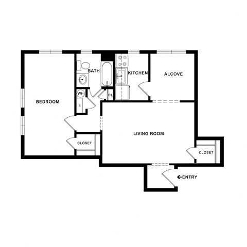 Floor plan for 1 bed, 1 bath, 643 sqft