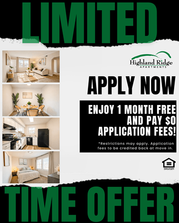 Capitol Heights apartment for rent - A poster advertising a limited time offer for Highland Ridge Apartments, including a free month and no application fees.
