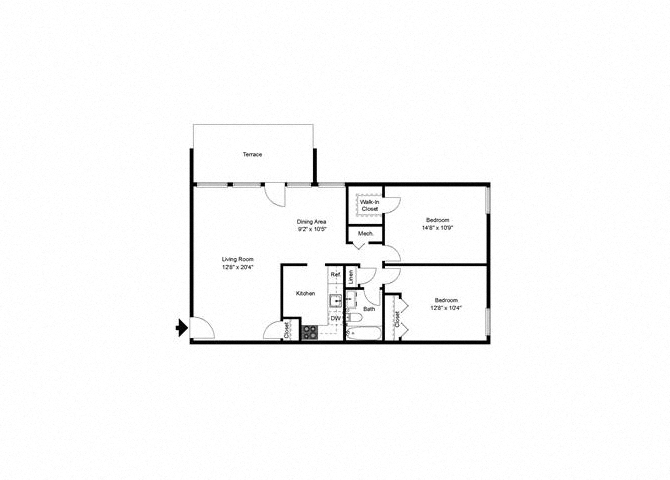 Floor plan for 2 beds, 1 bath, 934 sqft