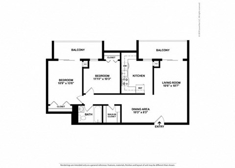 Floor plan for 2 beds, 1 bath, 800 sqft