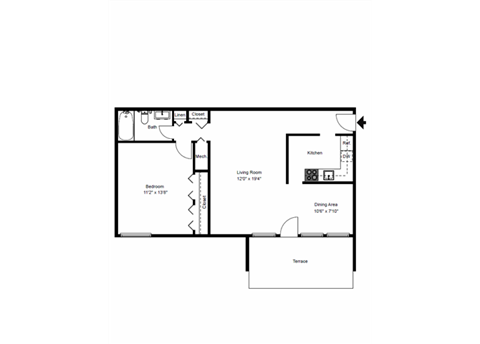 Floor plan for 1 bed, 1 bath, 676 sqft