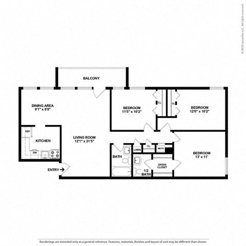Floor plan for 3 beds, 1.5 baths, 1022 sqft