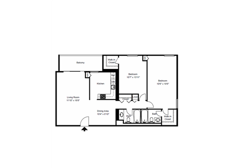 Floor plan for 2 beds, 2 baths, 985 sqft