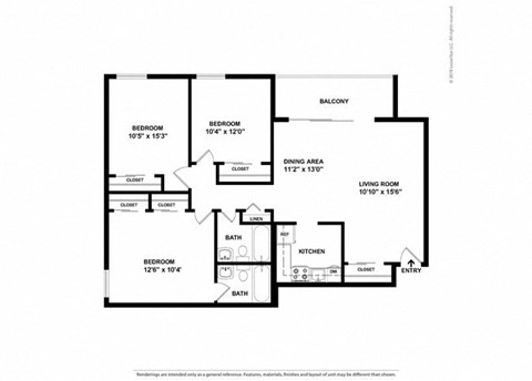Floor plan for 3 beds, 2 baths, 1102 sqft