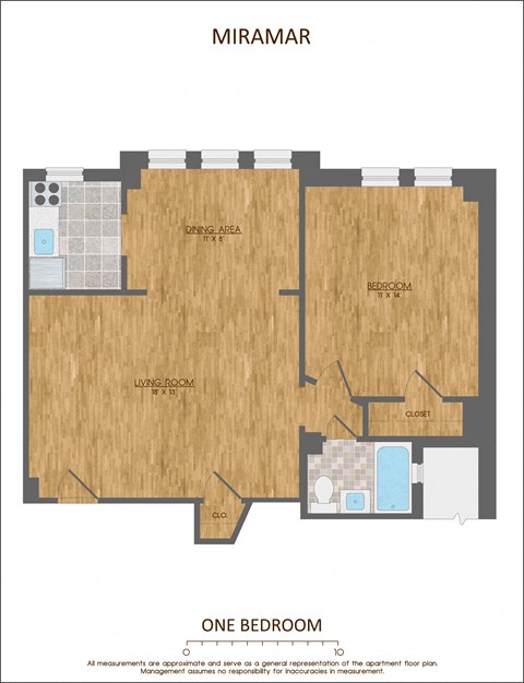 Floor plan for 1 bed, 1 bath, 680 sqft