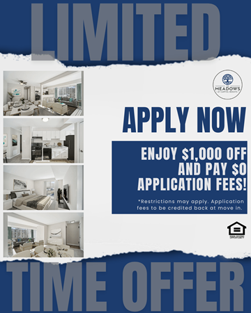 Capitol Heights apartment for rent - A promotional image for Meadows apartments offering a $1,000 discount on application fees.