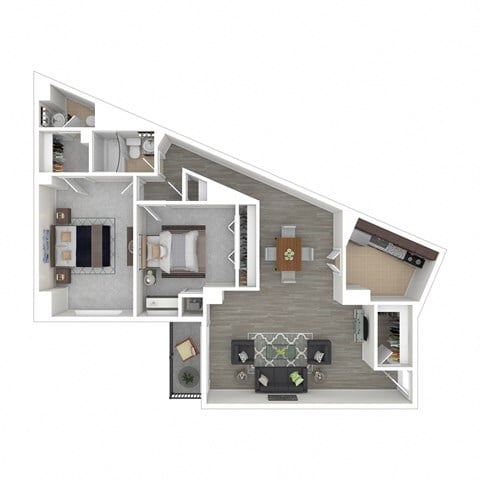 Floor plan for 2 beds, 1.5 baths, 1000 sqft