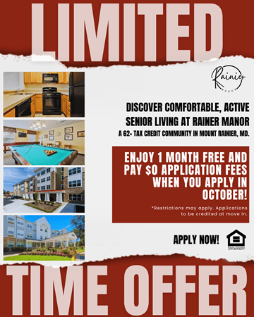 Mount Rainier apartment for rent - An advertisement for Rainier Manor, a senior living community, offering a free month with application fees waived if applied by October.