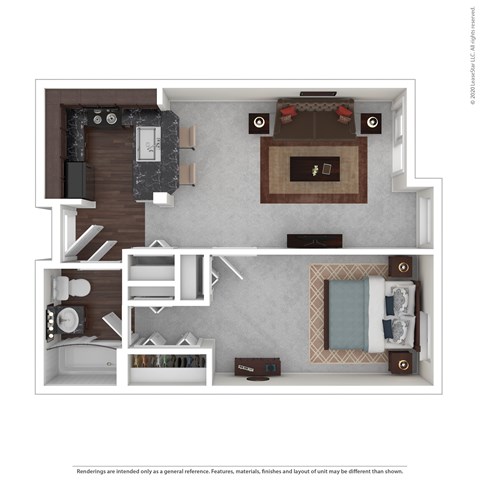 Floor plan for 1 bed, 1 bath, 574 sqft