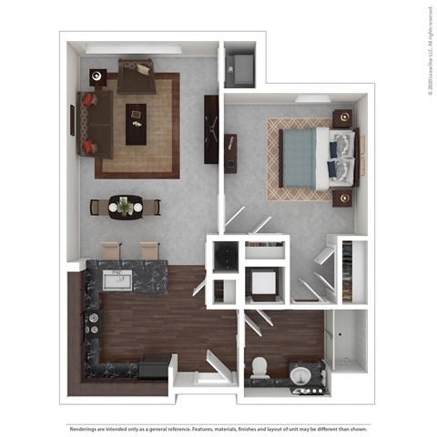Floor plan for 1 bed, 1 bath, 876 sqft