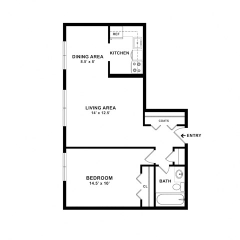 Floor plan for 1 bed, 1 bath, 765 sqft