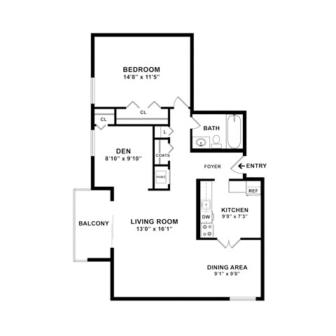 Floor plan for 1 bed, 1 bath, 850 sqft