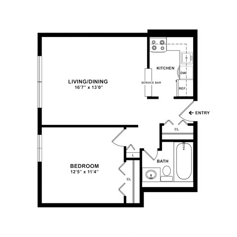 Floor plan for 1 bed, 1 bath, 560 sqft