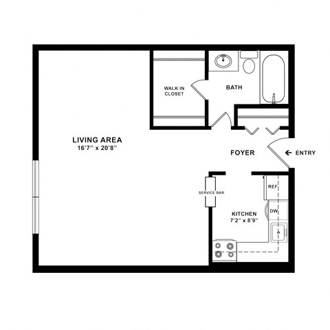Floor plan for studio, 1 bath, 490 sqft