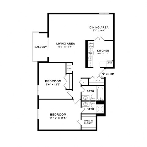 Floor plan for 2 beds, 2 baths, 1000 sqft