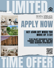 College Park apartment for rent - A flyer for Seven Springs Apartments advertising a time offer with a $500 discount.