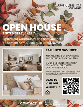 College Park apartment for rent - A poster advertising an open house event for Seven Springs Apartments, offering a month of free rent and no application fees for new applicants.