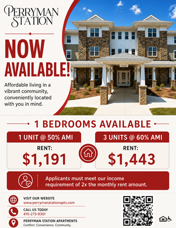 Aberdeen apartment for rent - An advertisement for Perryman Station apartments, offering 1 bedroom at 50% AMI and 3 units at 60% AMI, with a requirement of 2x the monthly rent for income verification