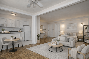 Washington apartment for rent - A modern living room with a dining table and a couch.