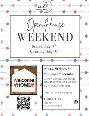 Silver Spring apartment for rent - A flyer for an Open House Weekend event on July 17th and 18th at University Landing.