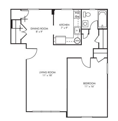 Floor plan for 1 bed, 1 bath, 720 sqft