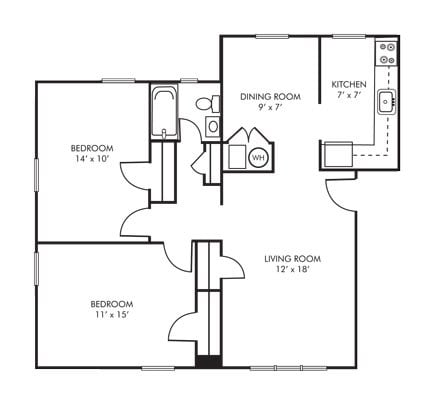 Floor plan for 2 beds, 1 bath, 825 sqft