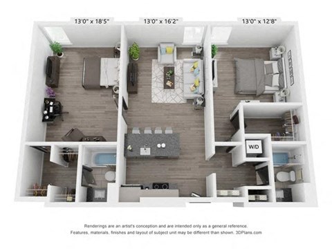 Floor plan for 2 beds, 2 baths, 1182 sqft