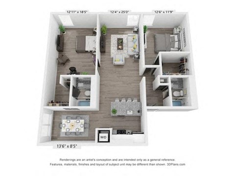 Floor plan for 2 beds, 2 baths, 1368 sqft