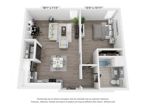 Floor plan for 1 bed, 1 bath, 865 sqft