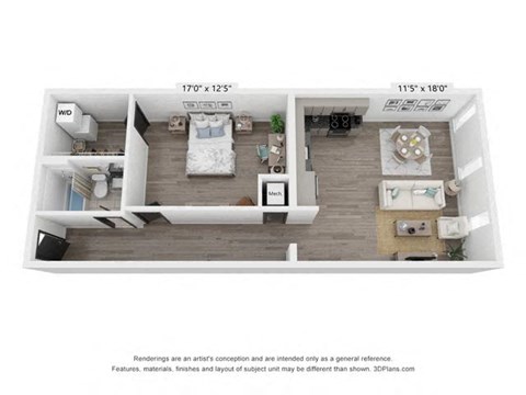 Floor plan for 1 bed, 1 bath, 912 sqft
