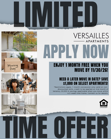Towson apartment for rent - A poster advertising a limited time offer for Versailles Apartments, including a free month and discounts on select apartments.