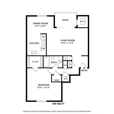 Floor plan for 1 bed, 1 bath, 930 sqft