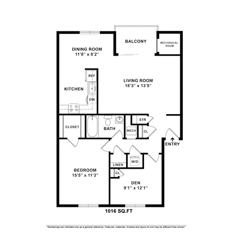 Floor plan for 1 bed, 1 bath, 1016 sqft