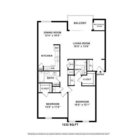 Floor plan for 2 beds, 2 baths, 1232 sqft