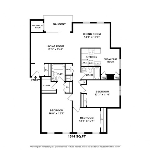 Floor plan for 3 beds, 2 baths, 1544 sqft