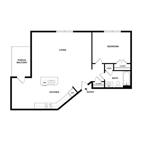 Floor plan for 1 bed, 1 bath, 922 sqft