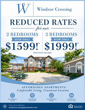 Suitland apartment for rent - A poster advertising reduced rates for apartments at Windsor Crossing, with prices for 2 and 3 bedrooms.