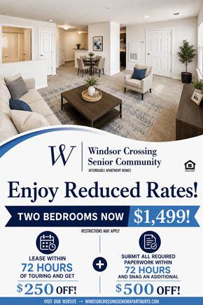 Suitland apartment for rent - A poster advertising a senior community with a price of $1,499 for two bedrooms.
