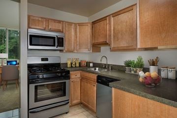 Greenbelt apartment for rent - A kitchen with wooden cabinets and a black stove top oven.