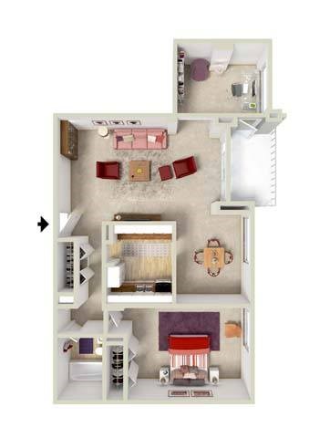 Floor plan for 1 bed, 1 bath, 750 sqft