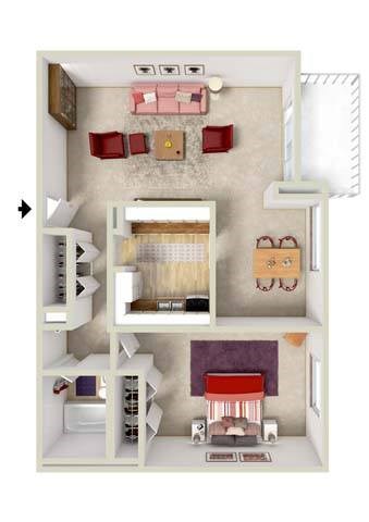 Floor plan for 1 bed, 1 bath, 650 sqft