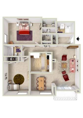 Floor plan for 2 beds, 2 baths, 950 sqft