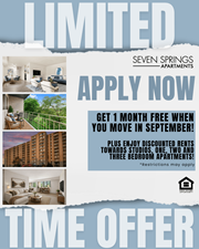 College Park apartment for rent - A poster advertising a limited time offer for apartments at Seven Springs Apartments.