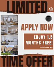 Washington apartment for rent - A flyer advertises a limited time offer to apply for a 1.5 months free stay.