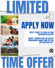 Silver Spring apartment for rent - A flyer advertising a limited time offer to apply for discounted rent at a university apartment complex.