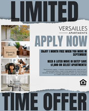 Towson apartment for rent - A flyer for Versailles Apartments advertising a limited time offer with various incentives.