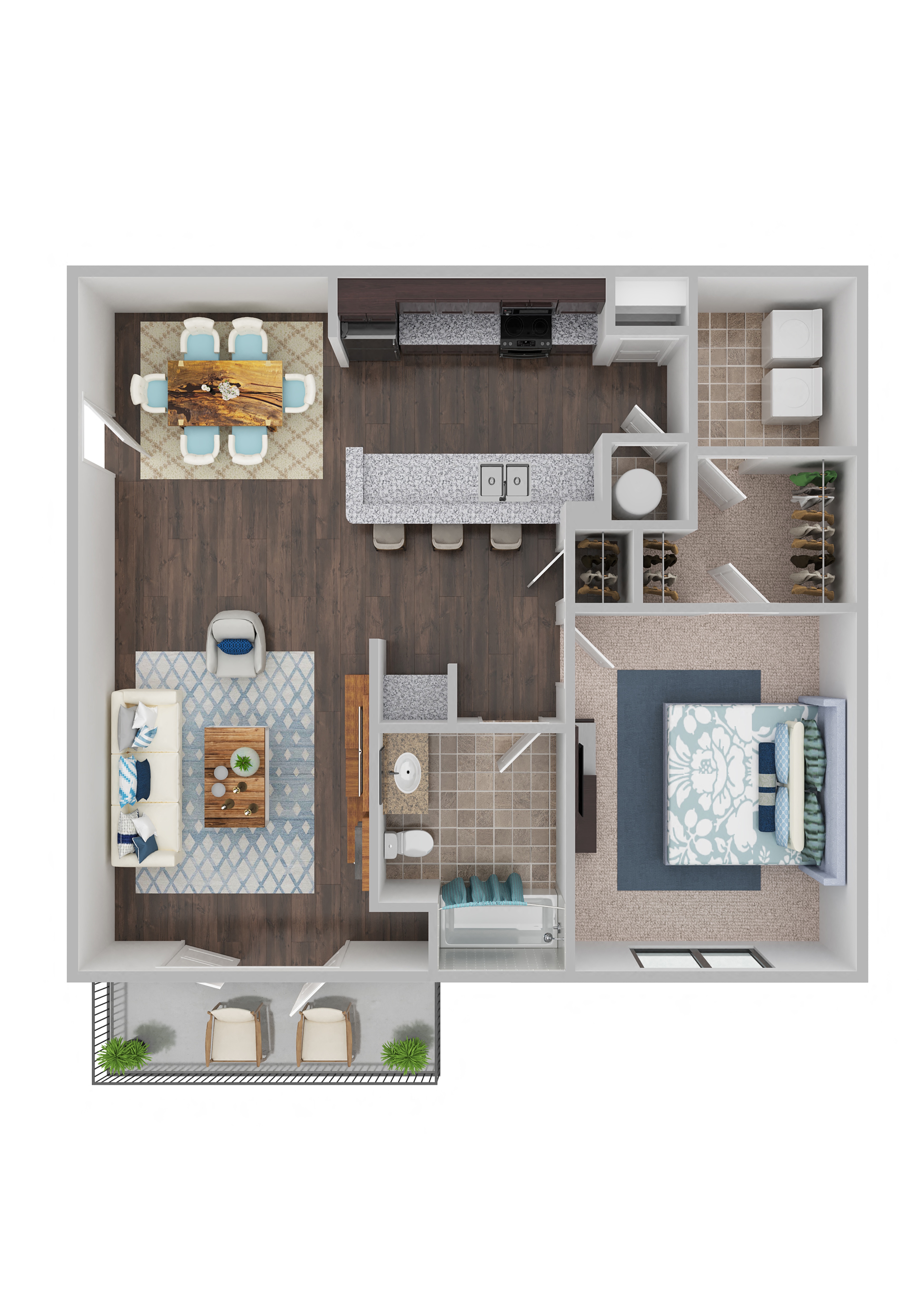 Floor plan for 1 bed, 1 bath, 878 sqft